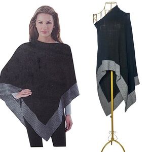 Celeste Wool Cashmere Blend Two-Toned Black & Gray Poncho, Soft & Lightweight OS